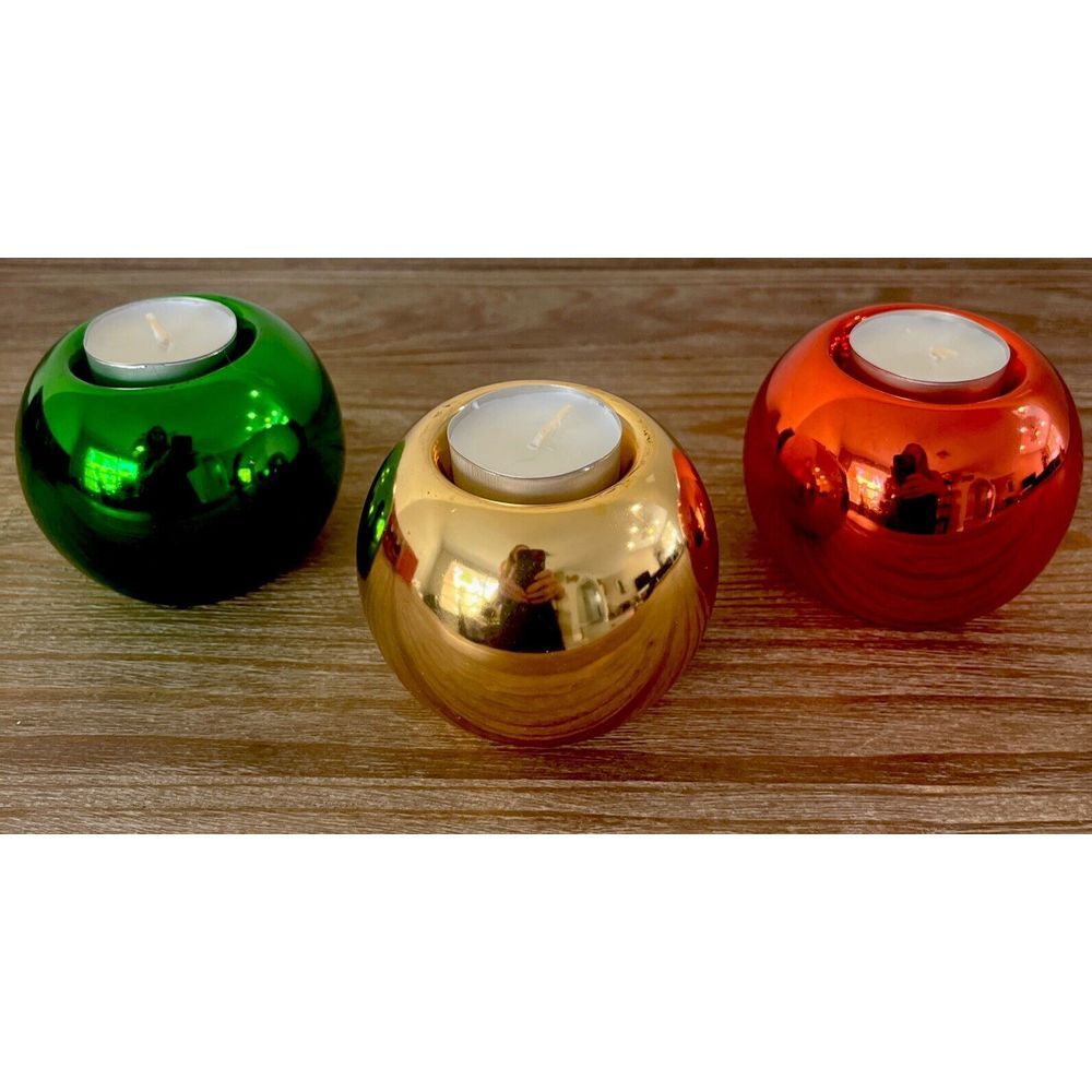 3 Vintage Metallic Ceramic Ball Ornament Votive Candle Holders Christmas Decor - Picture 3 of 5
